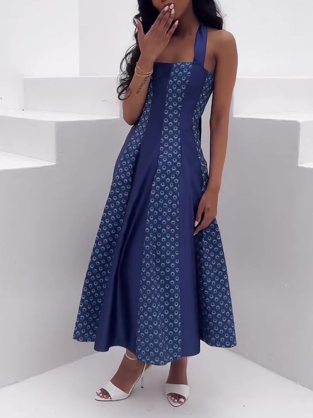 Royal Blue Geometric Print Halter Neck Waist-Cinching Flared Midi Dress