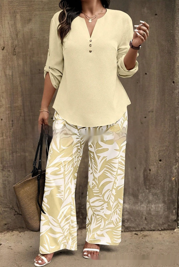 Ladies V-neck Shirt Tropical Plants Printed Pants Suit