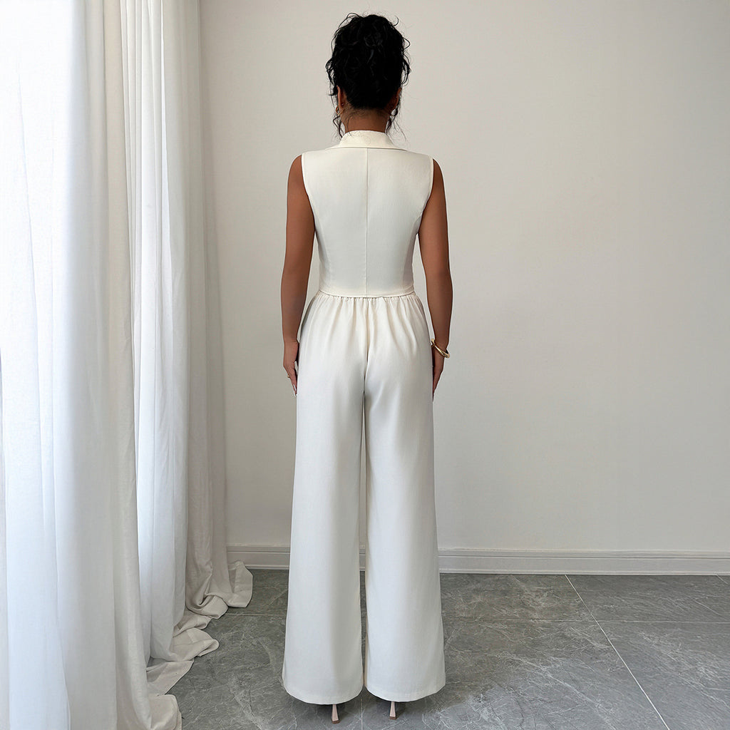 Elegant Waist-cinching Top Paired With A Flowy Wide-leg Pantsuit