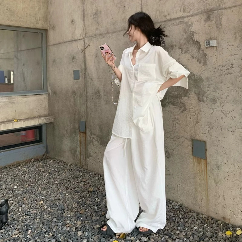 Elegant Polo Collar Shirt Top Loose Feeling Suit Female Autumn Leisure Wide-leg Pants