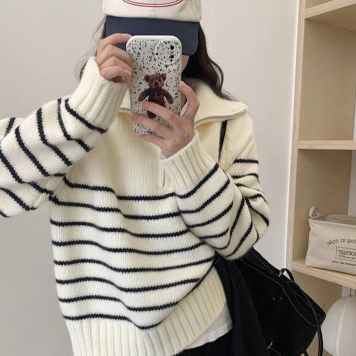 Half-zip Stand Collar Women's Korean-style Niche Striped Loose Sweater