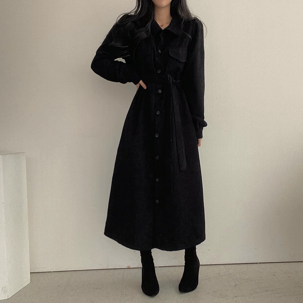 Autumn Winter Retro Lapel Single Breasted Lace-up Waist-controlled Long Corduroy Dress Women