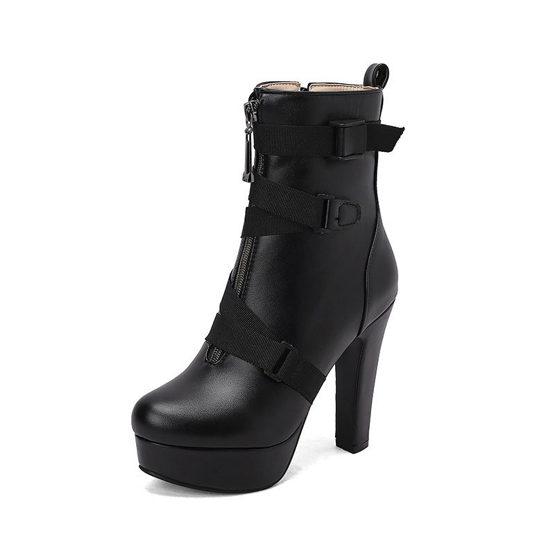 New Womens Mid-calf Boots With Thick Soles And Chunky Heels