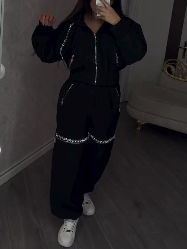 Black Rhinestone Zip-Up Cropped Jacket & Cut-Out Wide Leg Pants 2-Piece Set