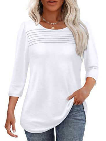 Ladies' Autumn And Winter Round Neck Three-quarters Sleeved Chest Tuck Line Pleated Top