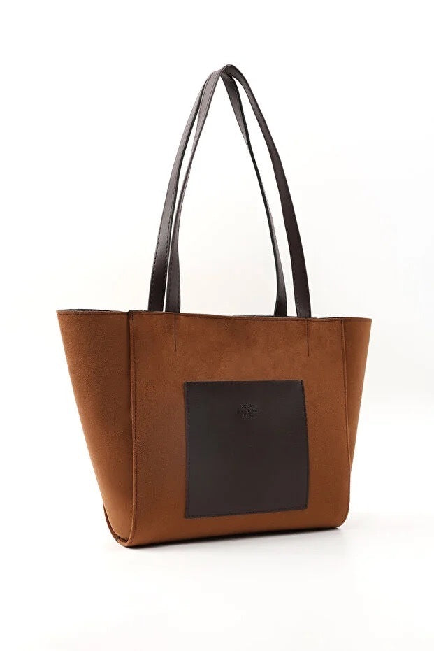 Large Faux Leather Zip Closure Tote Bag With Front Pocket Hand Arm And Shoulder Bag Brown