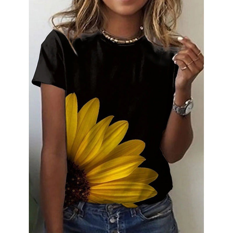 Artificial Cotton 3D Sunflower Print Round Neck T-shirt