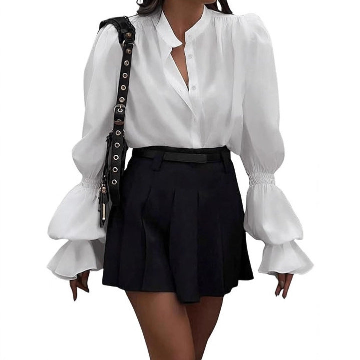 Elegant Temperament Commuter Lantern Sleeve Round Neck Single-breasted Shirt