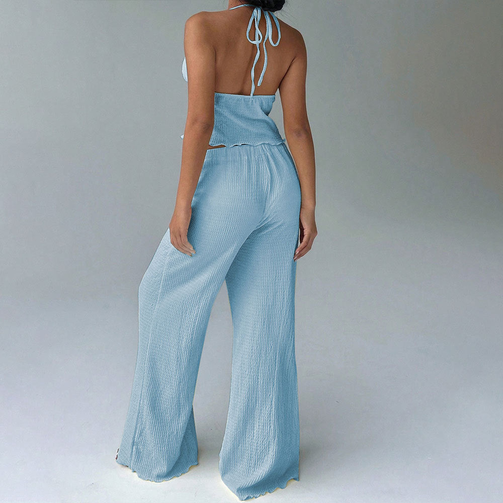 Womens Solid Light Blue Halterneck Top And High-Waist Wide-Leg Pants Set