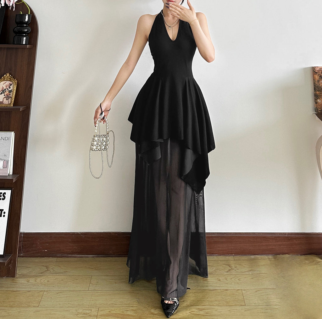 French Style V-neck Backless Girdle Mesh Stitching Design Dress Women