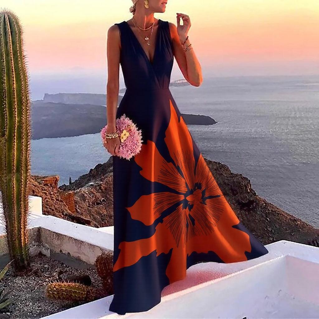 Printed V-neck Sleeveless Vacation Dress