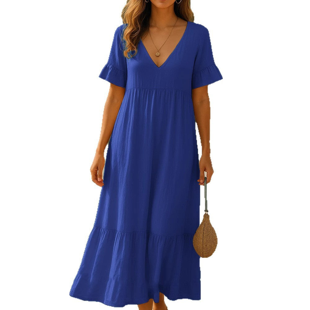 V-neck Solid Color Multicolor Women's Stitching Dress