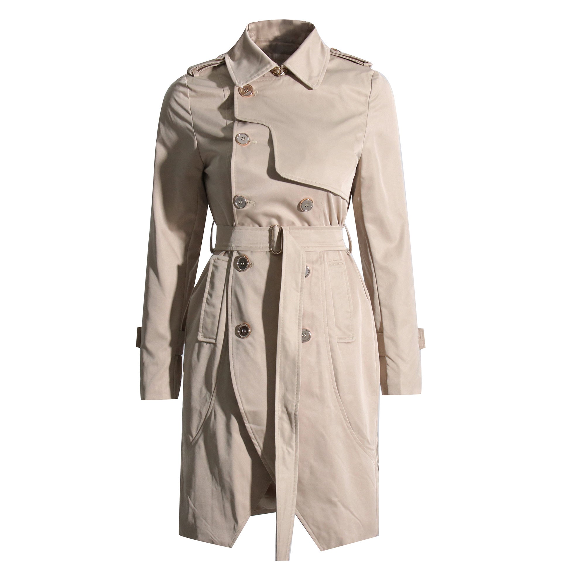 Fashion Solid-Color Long-Sleeve Trench Coat With A Turn-Down Collar And Lace-Up Details