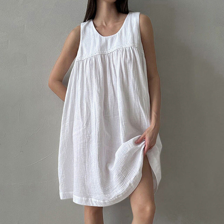 Casual White Tank Dress Cotton Crinkle Fabric Sleeveless & Loose-fitting Dress
