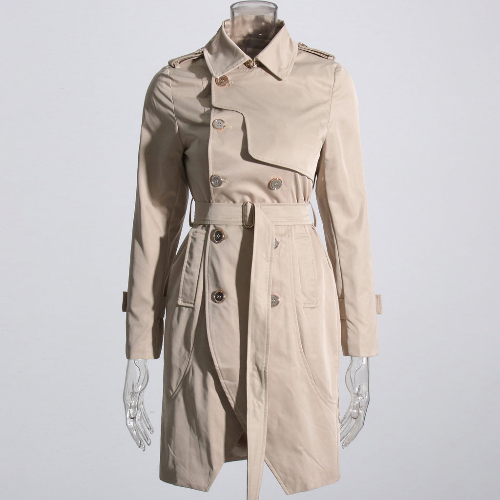 Fashion Solid-Color Long-Sleeve Trench Coat With A Turn-Down Collar And Lace-Up Details