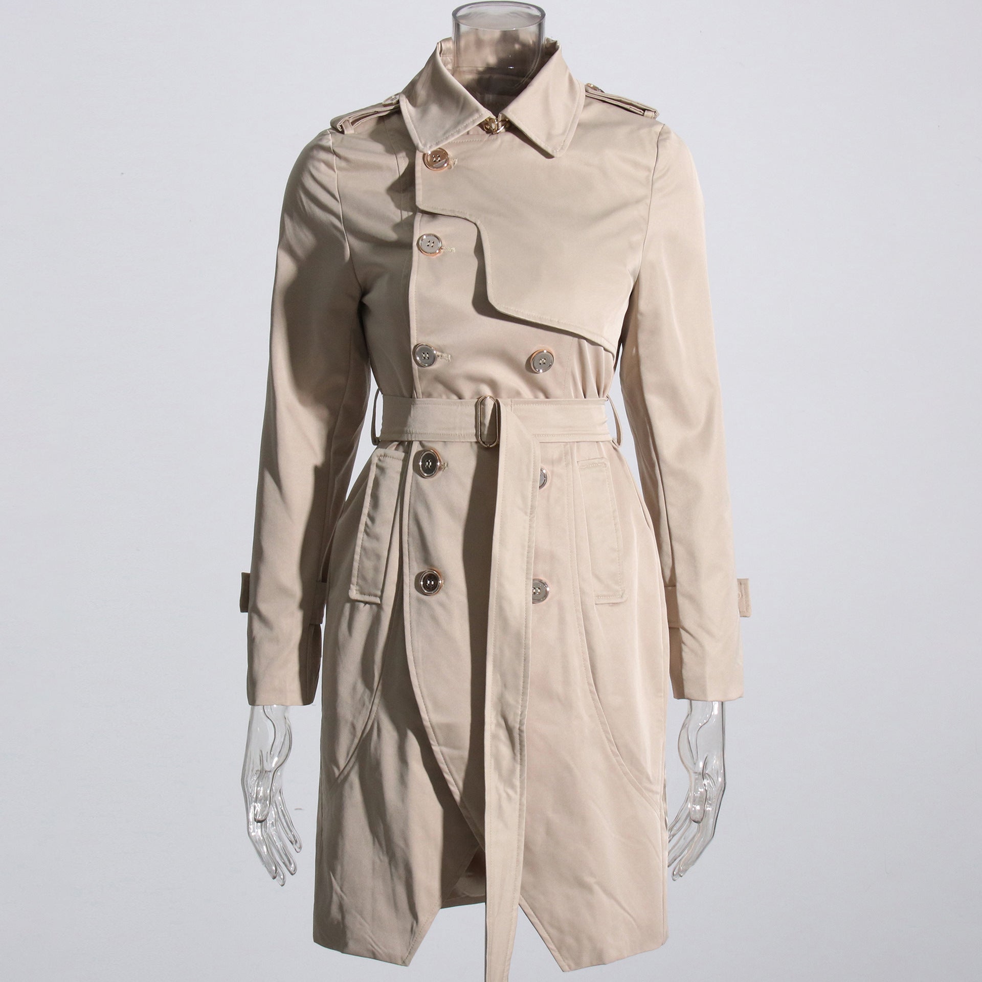 Fashion Solid-Color Long-Sleeve Trench Coat With A Turn-Down Collar And Lace-Up Details