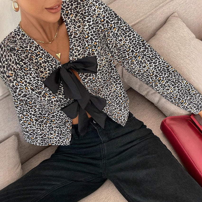 European And American Long Sleeve Leopard Print Cardigan Fashion Design Blouse