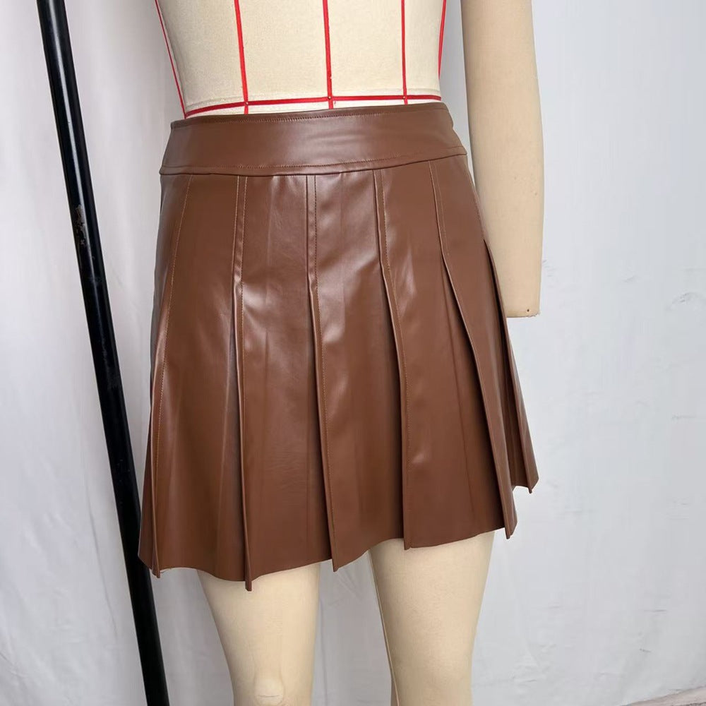 Coffee-colored PU Leather Skirt Short Skirt Spicy Girls Pleated Skirt