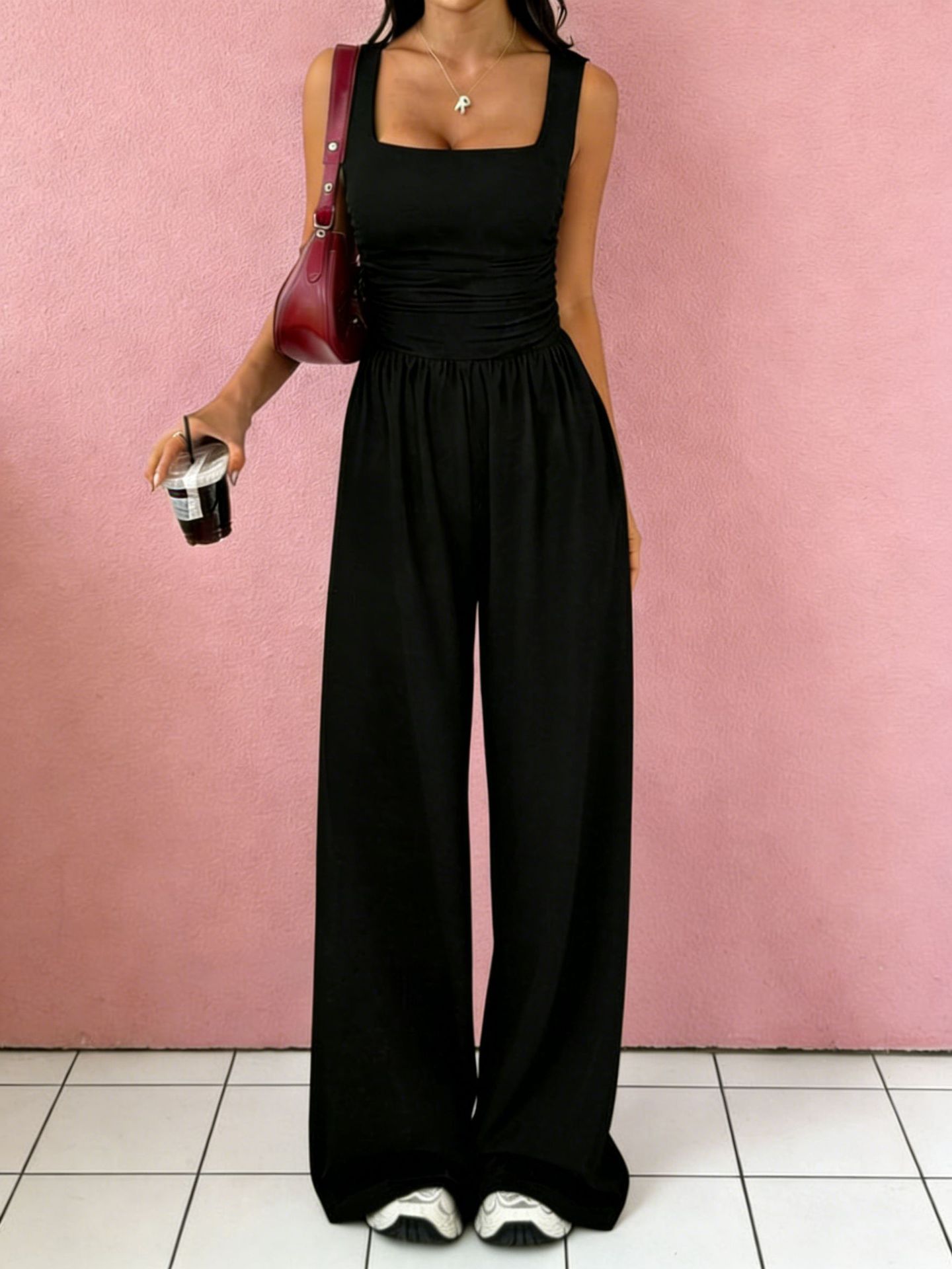 Solid-Color Sexy Tank Top Casual Wide-Leg Pants Two-Piece Set