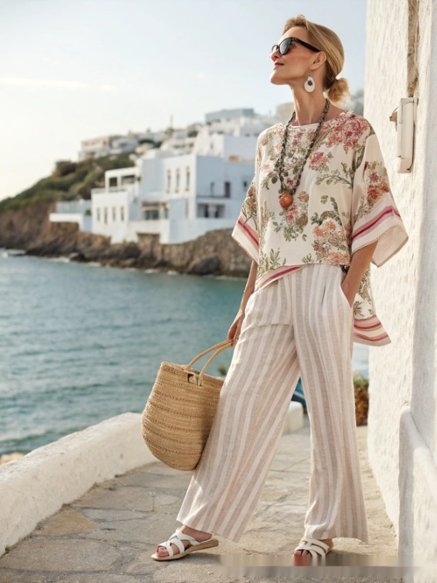 Mixed Color Stripe Casual Loose Wide Leg Cropped Pants Suit