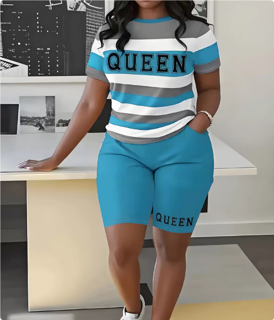 European And American T-shirt Striped Letters 3D Printed Shorts Suit