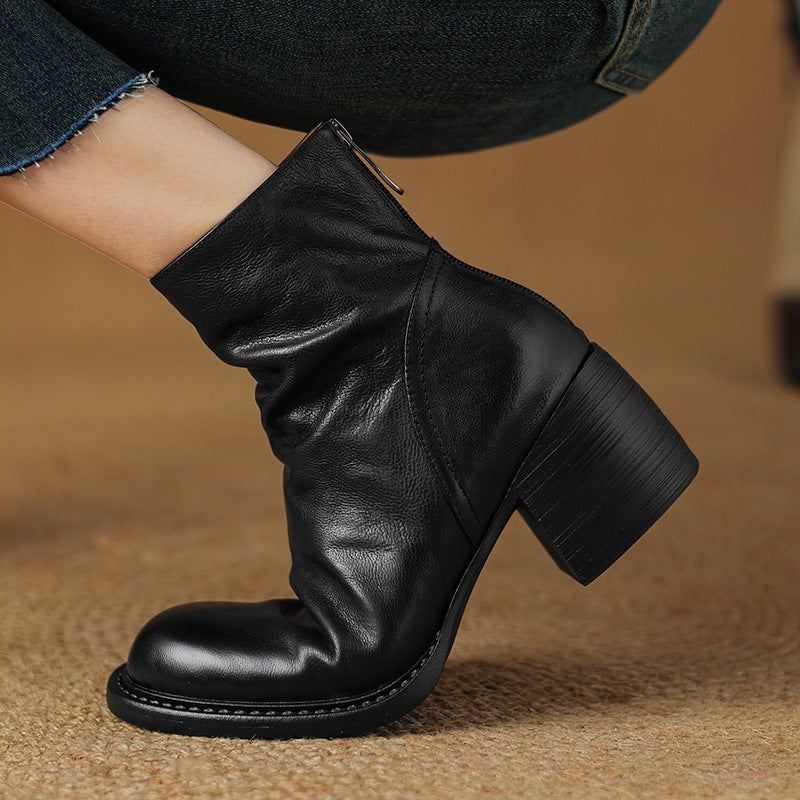 French-Style Retro Brown Round-Toe Ankle Boots