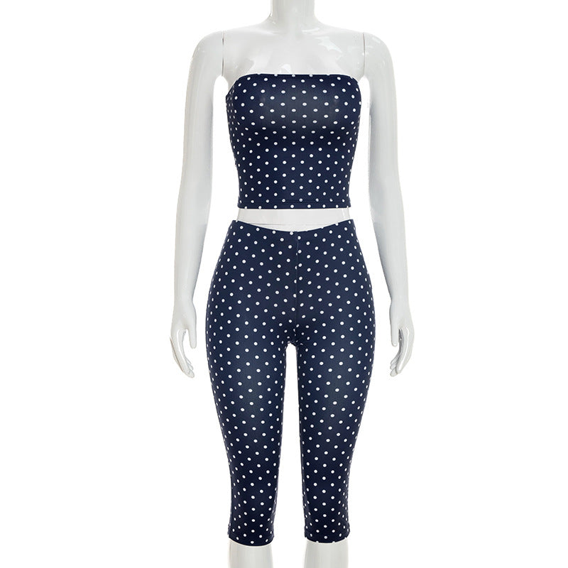 Tube Top Polka Dot Top And Cropped Pants Set