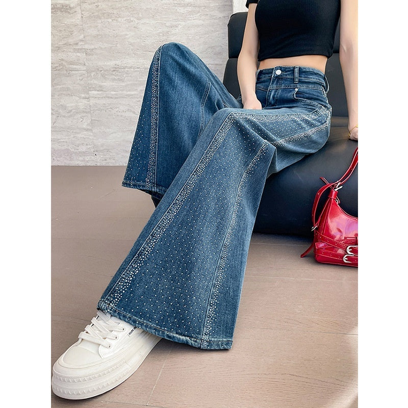 Hot-stone Embellished Wide-leg Flared Denim Jeans For Women Loose Fit In Washed Blue