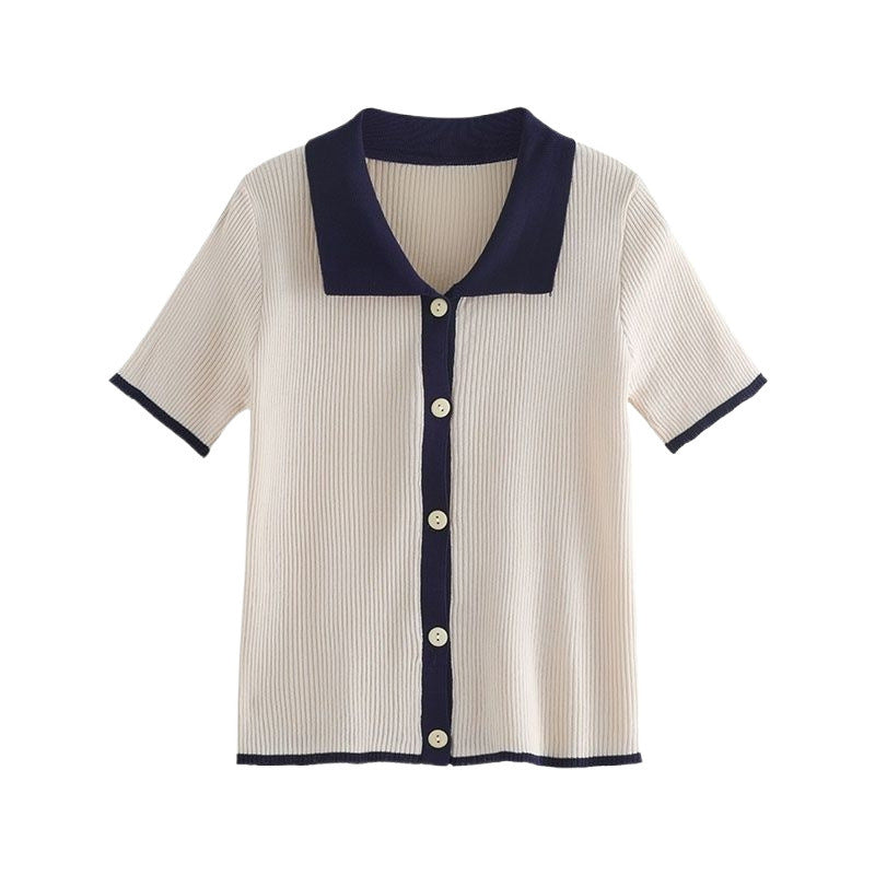 Color Contrast Retro Ice Silk Knitted Cardigan