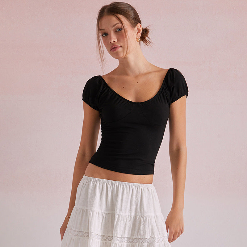 Short Sleeve V-neck Simplicity Backless Casual Top T-shirt