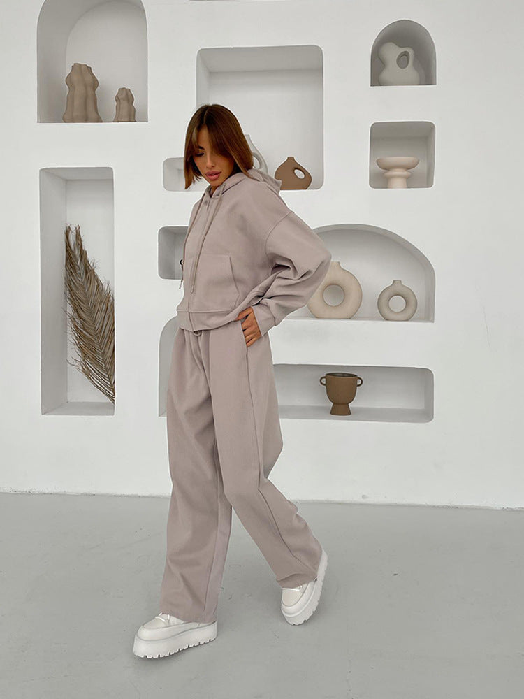 Zipper Hooded Sport Cardigan Lace-up Trousers Two-piece Casual Suit