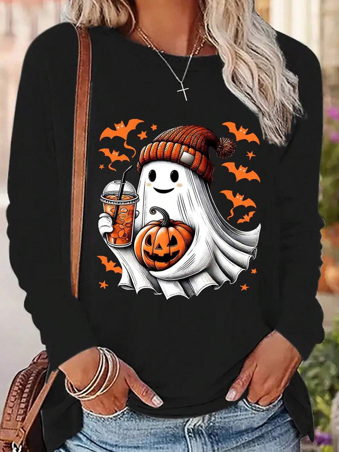 Positioning Printed Pattern Women's Long Sleeved Versatile Round Neck