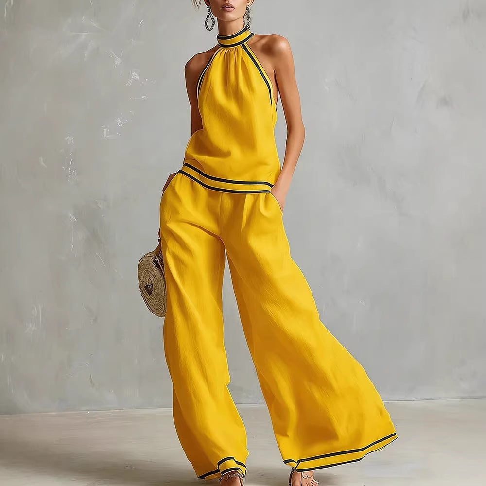 Striped Patchwork Halter-neck Sleeveless Wide-Leg Pants Set