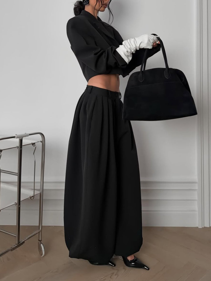 Black Rhinestone Embellished Cropped Blazer & Wide Leg Pants 2-Piece Set