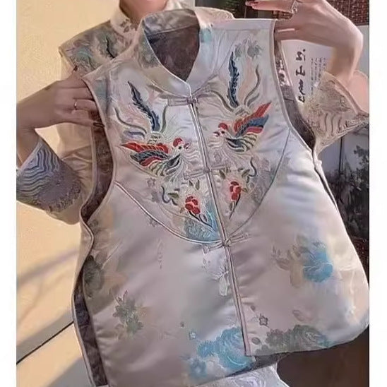 Split Stand Collar Machine Embroidery New Chinese Jacquard National Style Retro Buckle Vest For Women