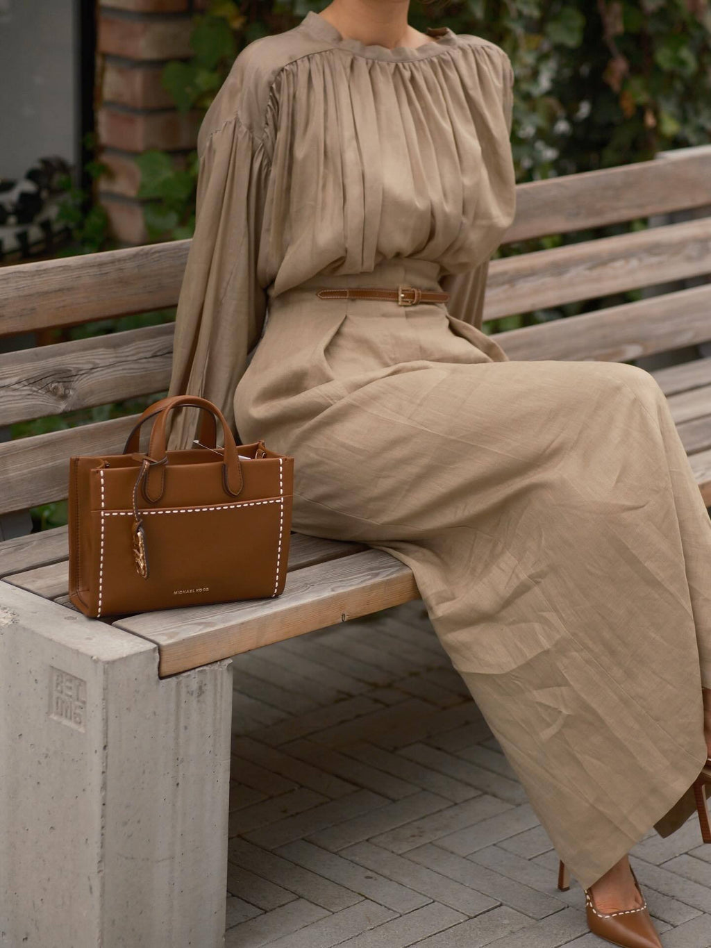 Khaki Puff - Sleeve Blouse And Midi Skirt Set