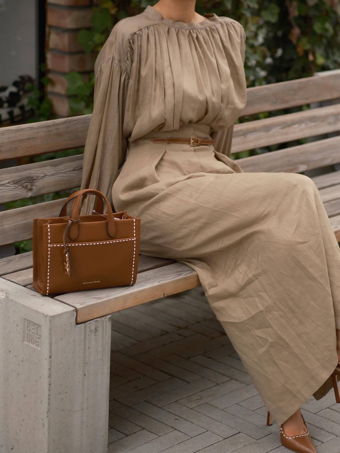 Khaki Puff - Sleeve Blouse And Midi Skirt Set