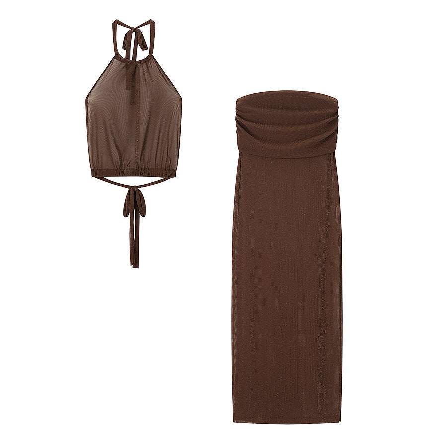Midriff-Baring Tank Top And Sheath Maxi Dress Set