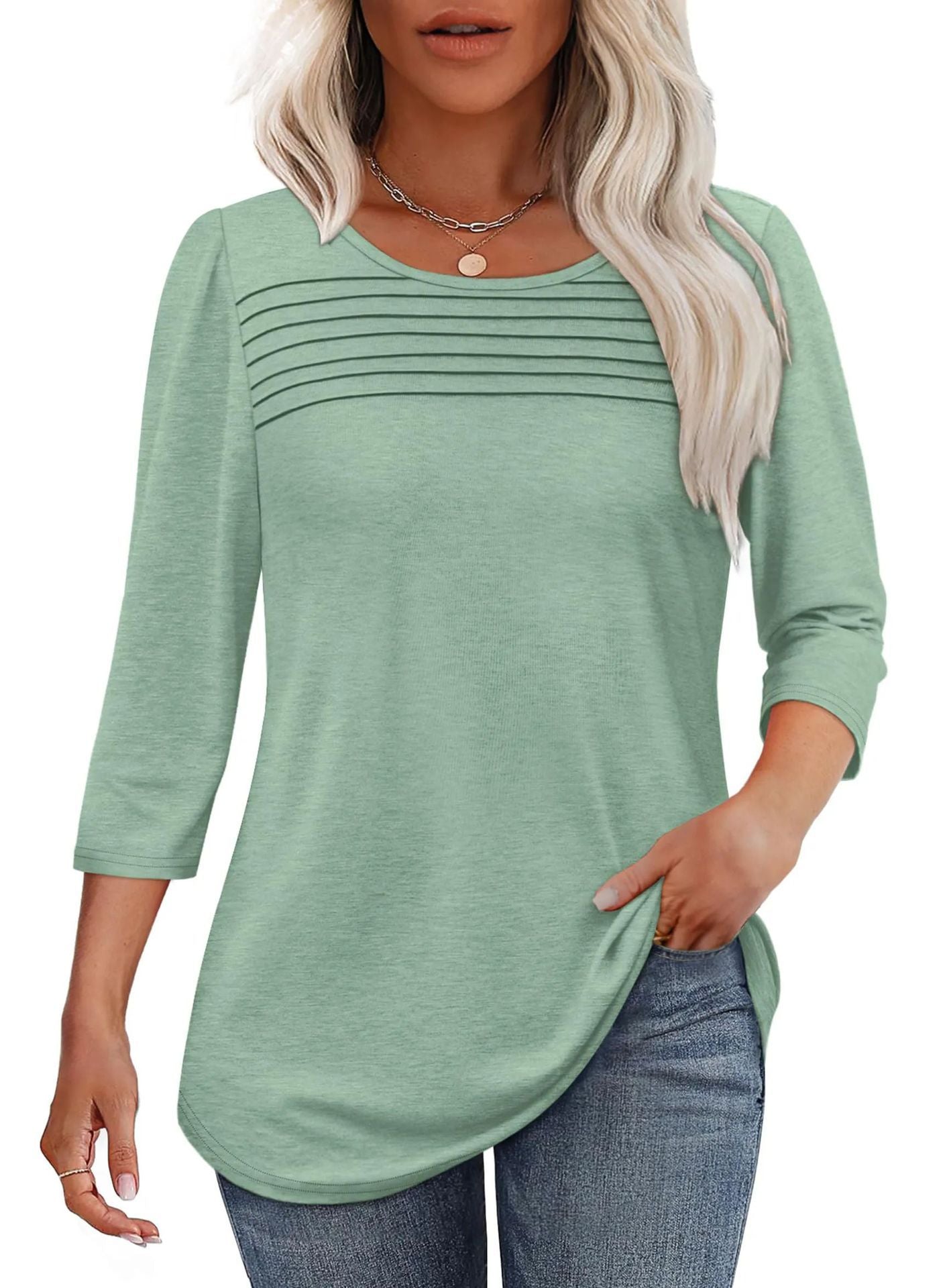 Ladies' Autumn And Winter Round Neck Three-quarters Sleeved Chest Tuck Line Pleated Top