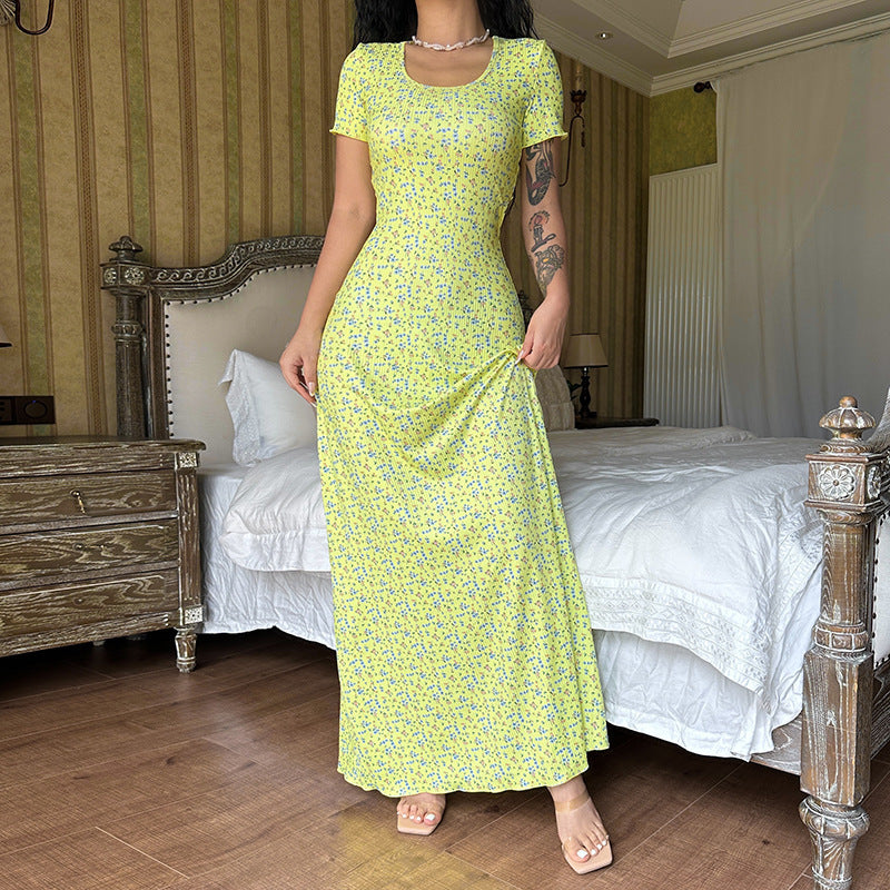 Fashion Printed U-neck Back Strap Short Sleeve Dress