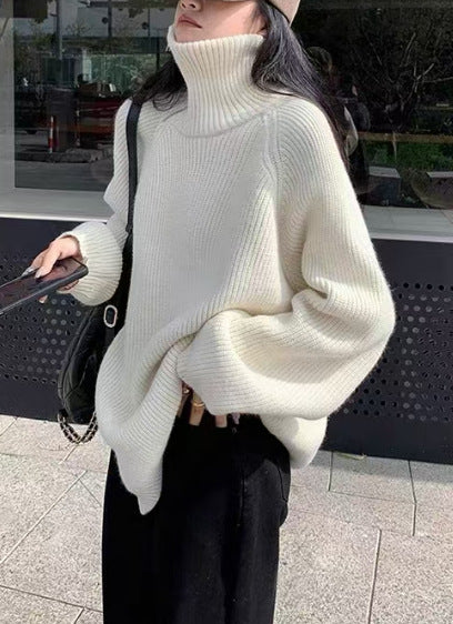 Loose, Mid-Length Effortless-Style Knitted Sweater For Women With Side Zipper And Lapel Design