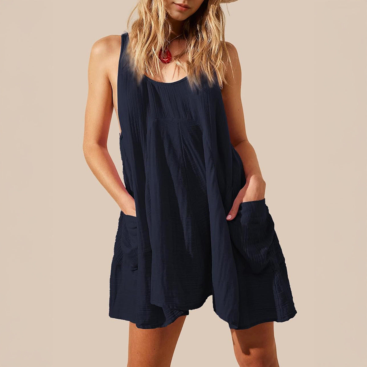 Casual Loose Vacation Style Solid Color Pocket Dress Short Skirt Women's Clothing