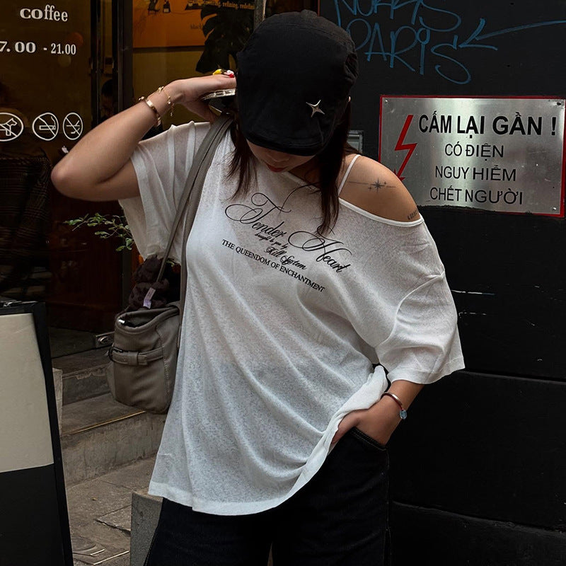 Women's Thin Letter Print Design Shoulder Short Sleeve T-shirt