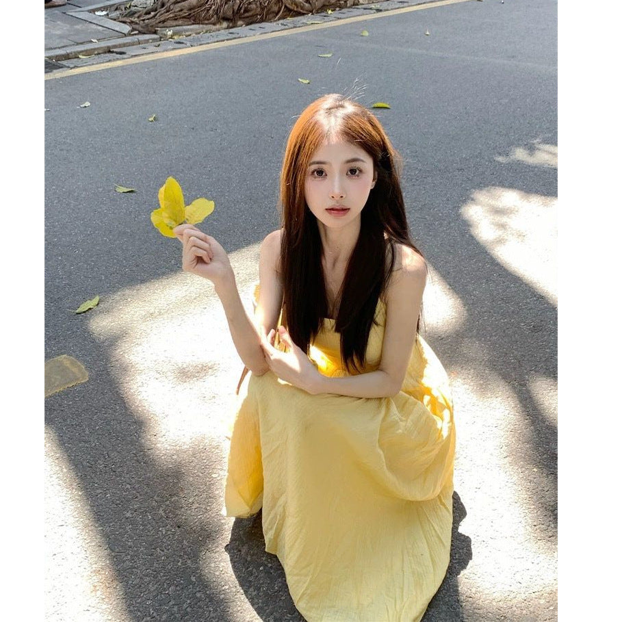 Small Yellow Gallus Dress Women's Clothing Summer New Waist-tight Temperament Long Dress Seaside Vacation Skirt