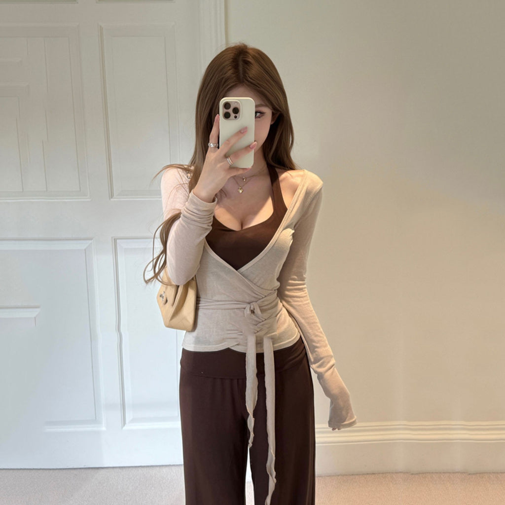 Ladies' Elegant Cardigan Tank Top And Wide-leg Pants Three-piece Set