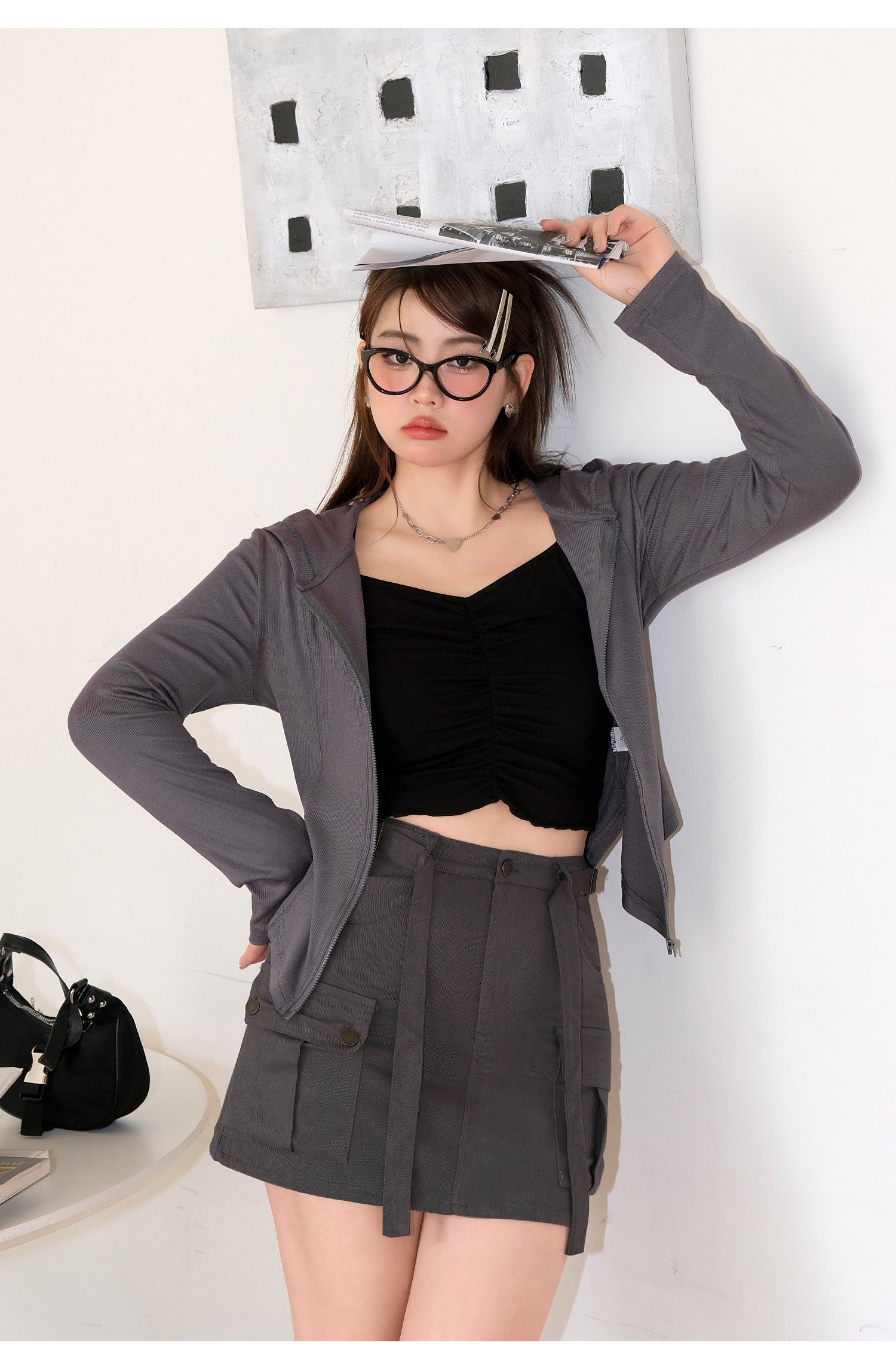 Female Slim Fit And Slimming Short Hooded Top Half Skirt Set