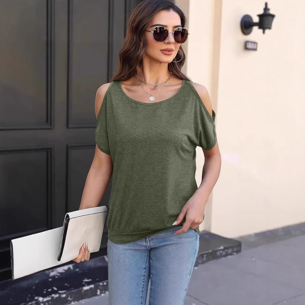 Relaxed-fit Casual Off-shoulder Crew-neck T-shirt