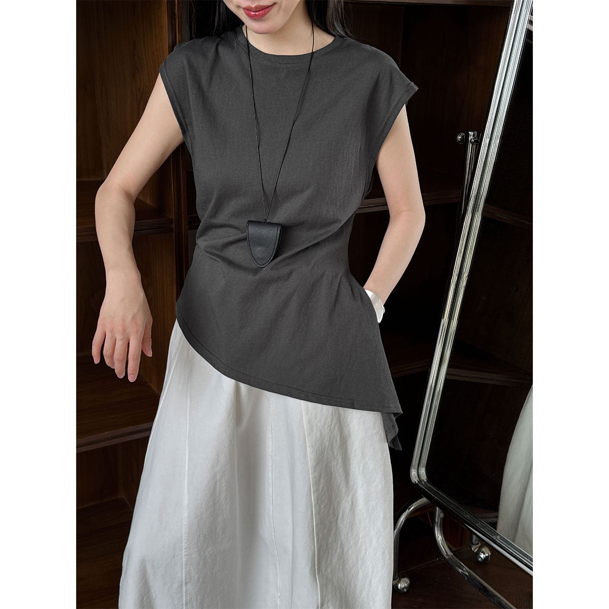Simple Lace Short Sleeve Women's Waist Irregular Hem T-shirt