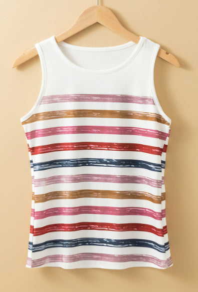Red Stripe Rainbow Round Neck Tank Top