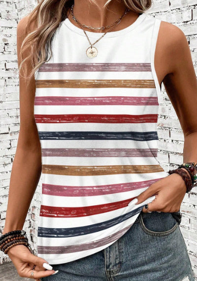 Red Stripe Rainbow Round Neck Tank Top